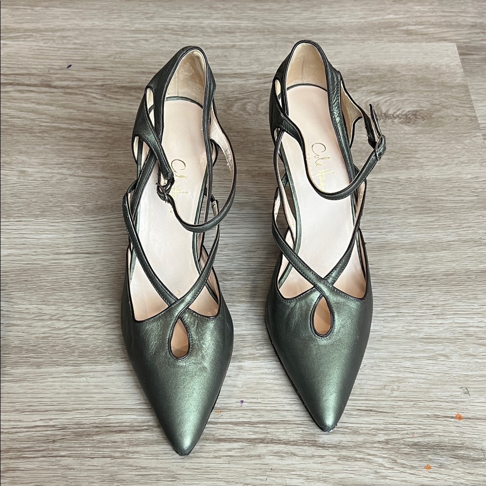 Cole Haan Collection Pointed Toe Strappy Pumps in Metallic Olive Green Leather - Picture 13 of 16